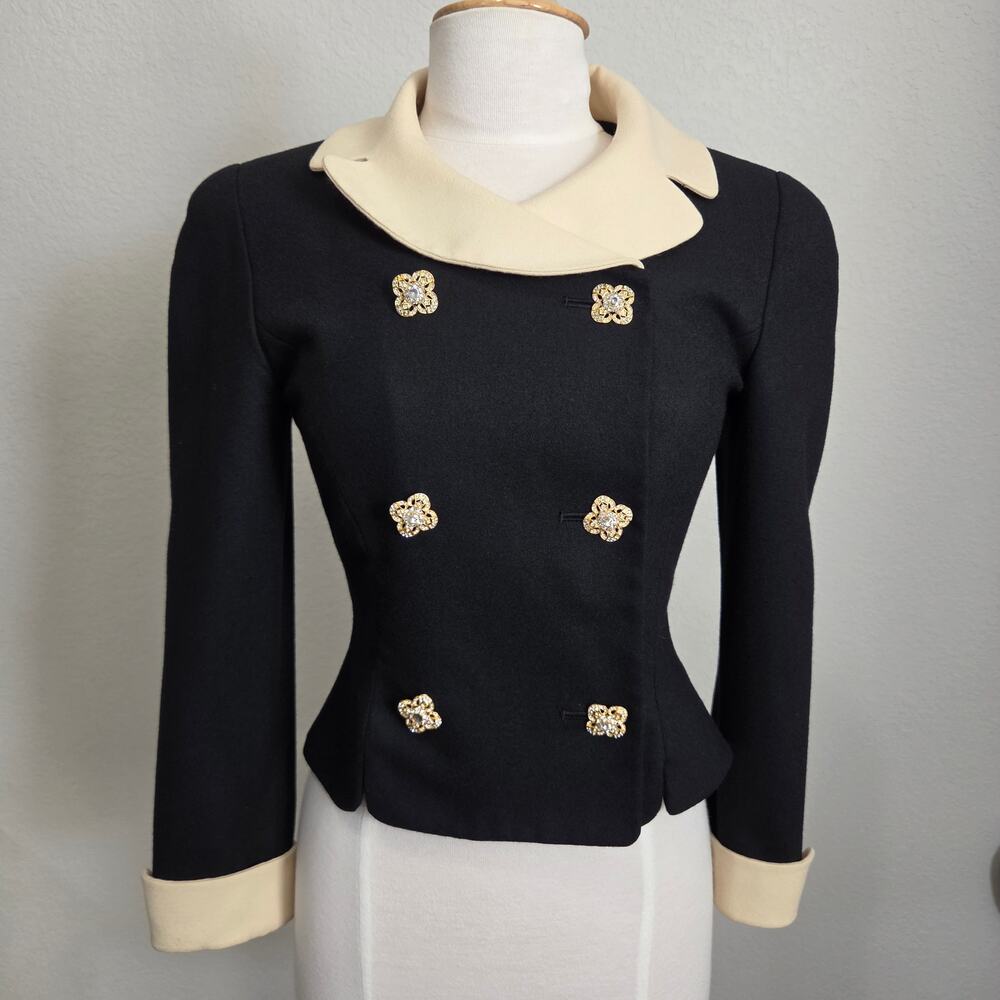 Clara Yoon Blazer Womens XS S Black Cream Rhinestone Buttons Wool Dressy FLAW